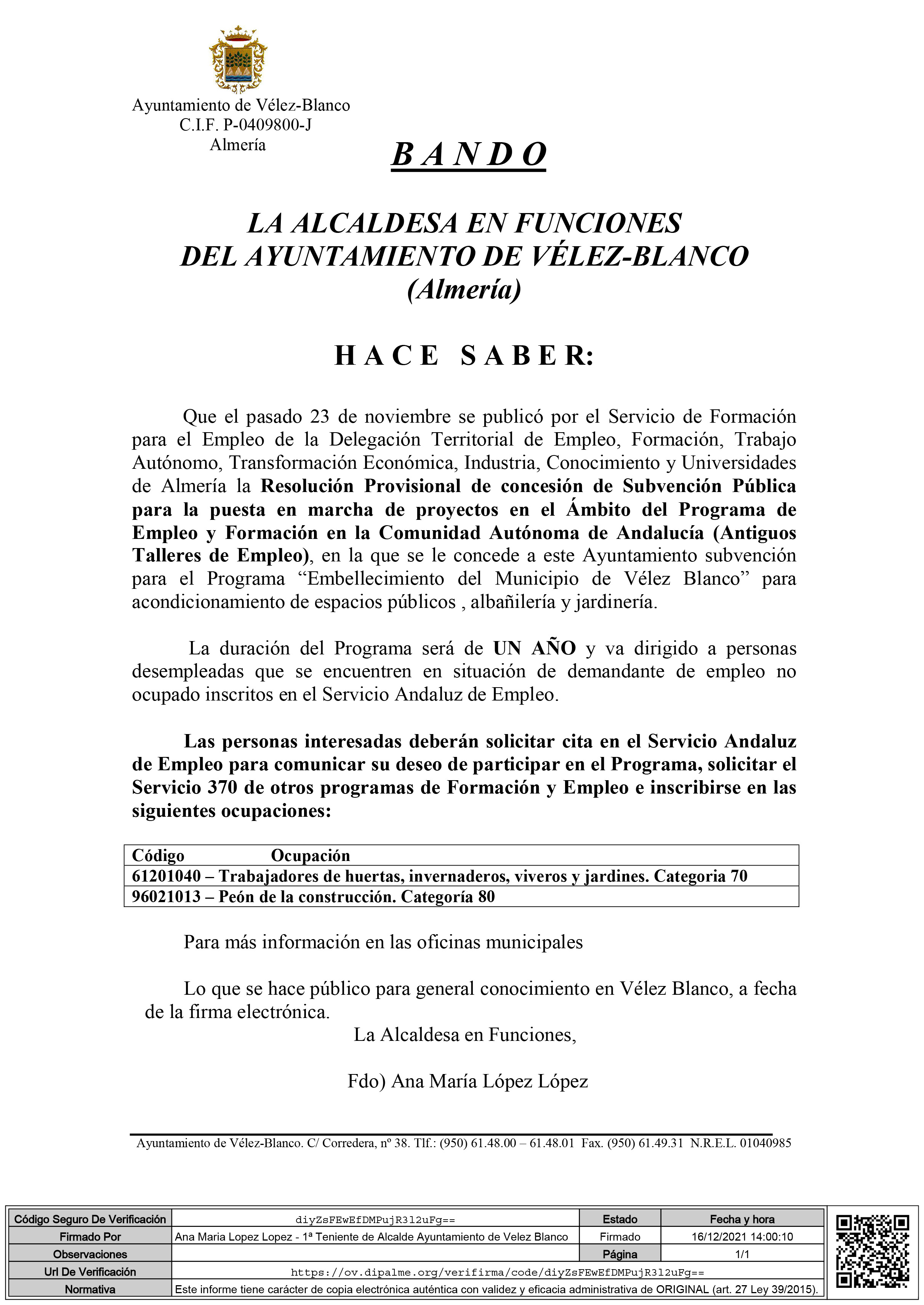 BANDO MUNICIPAL TALLER DE EMPLEO